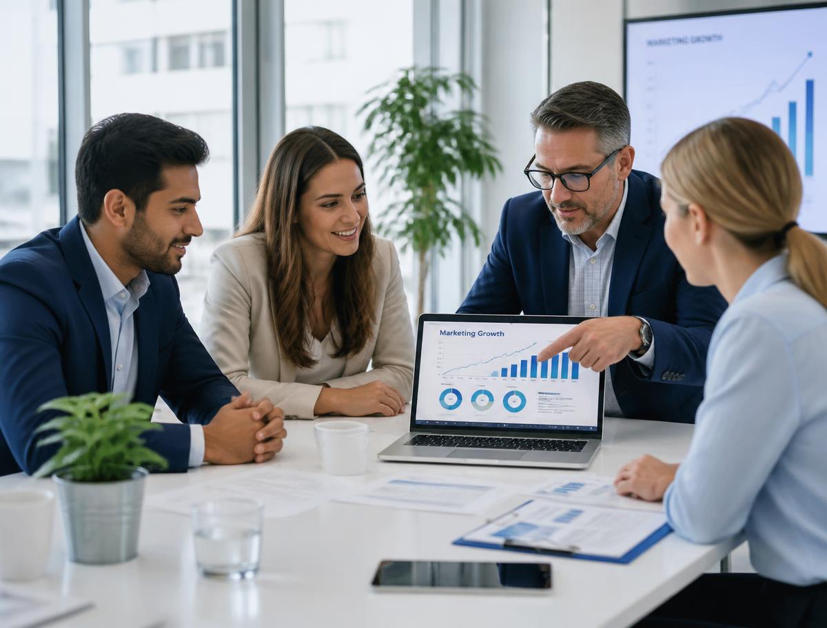 DigitalEra team in a strategy meeting reviewing marketing growth charts