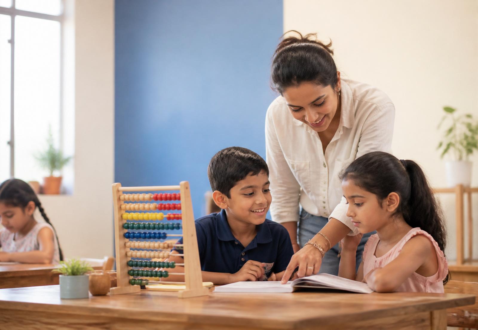 XGenn Academy teacher guiding two children with an abacus and workbook