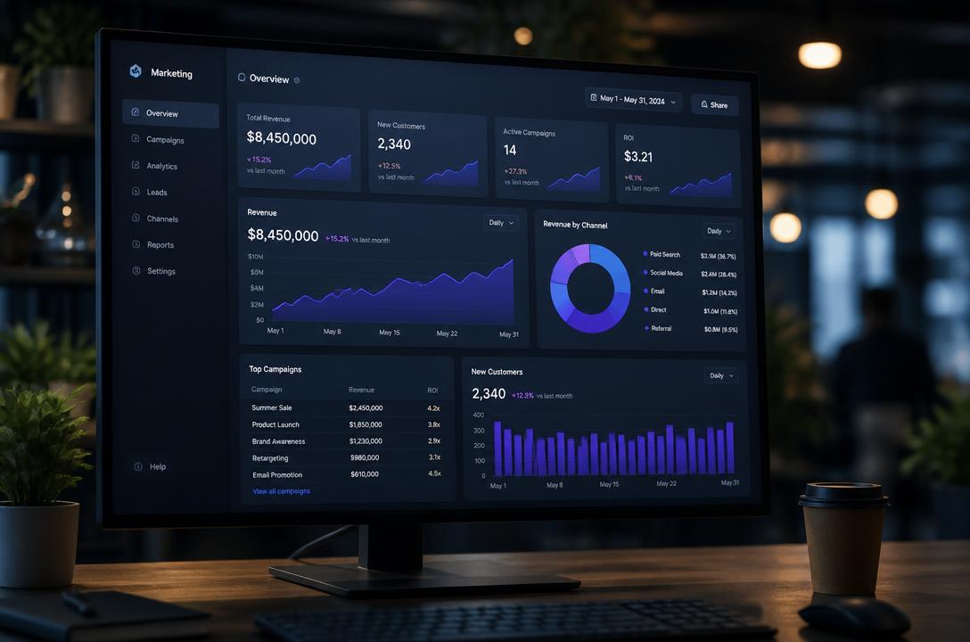 Marketing analytics dashboard on a widescreen monitor
