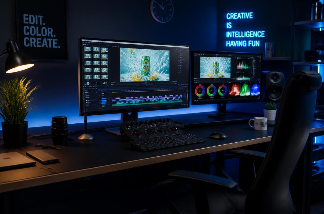 AI video production suite with product ad footage on screen