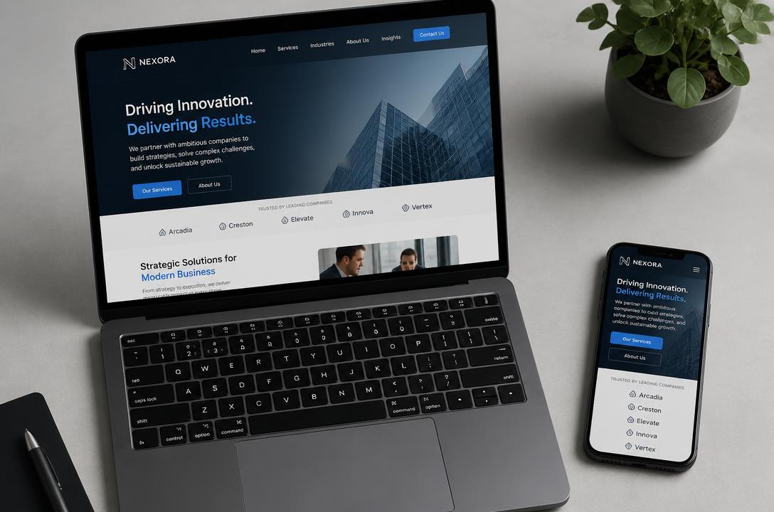 Responsive business website mockup on a laptop and phone